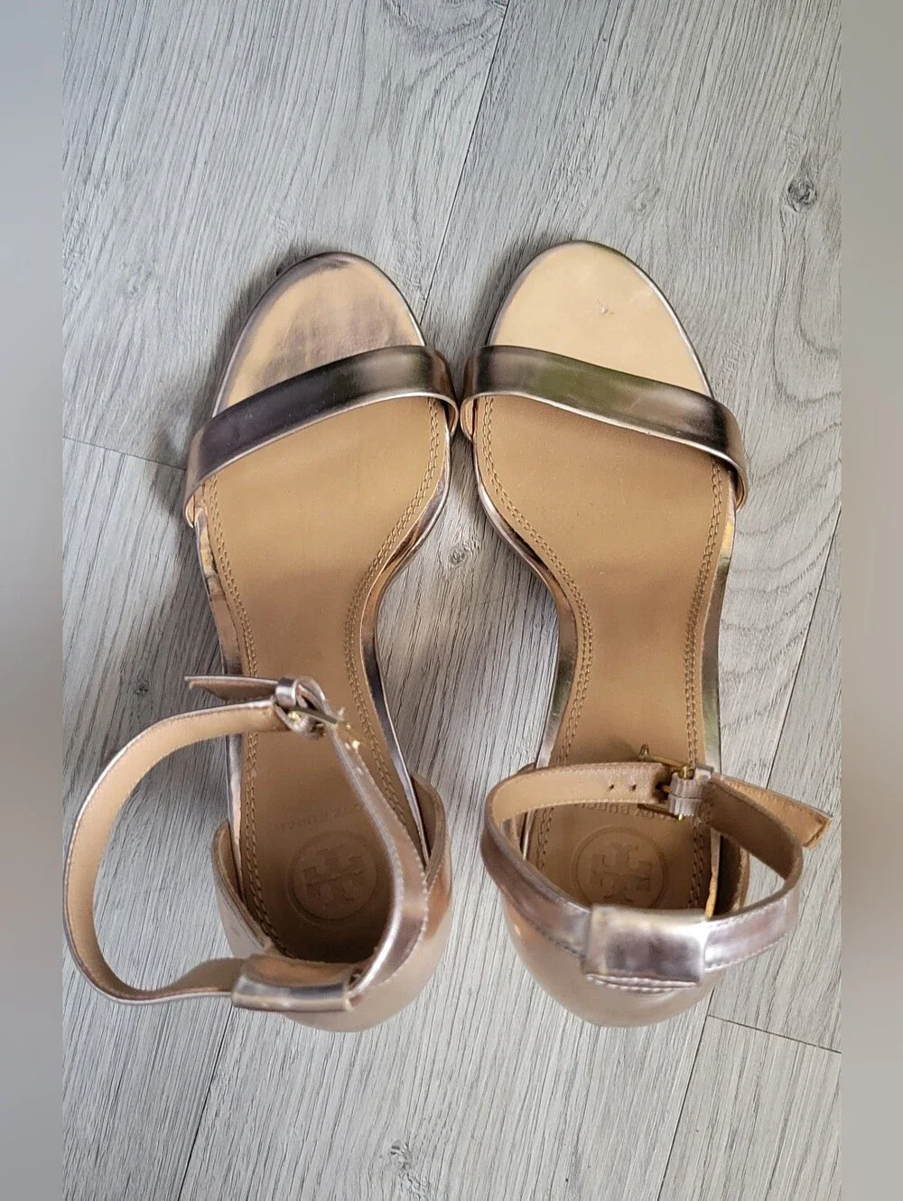 Tory Burch Ellie Ankle-Strap Sandle Heel 85mm Mirror Metallic Spark Rose Gold, 9
